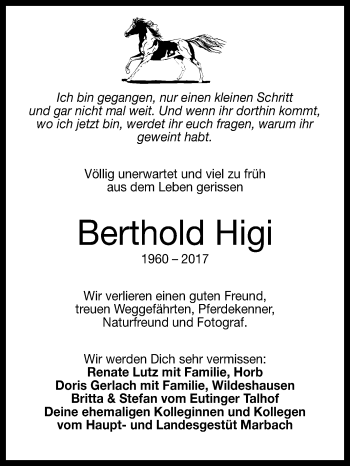 Anzeige von Berthold Higi von Reutlinger General-Anzeiger