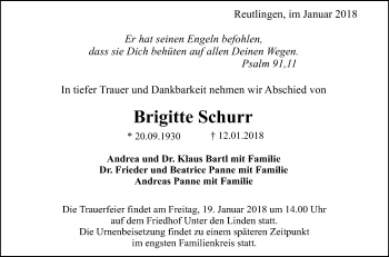 Anzeige von Brigitte Schurr von Reutlinger General-Anzeiger