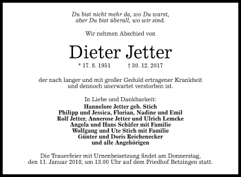 Anzeige von Dieter Jetter von Reutlinger General-Anzeiger