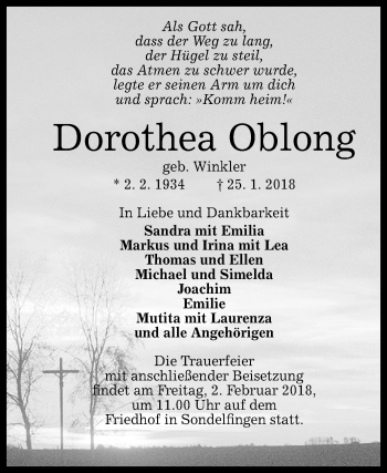 Anzeige von Dorothea Oblong von Reutlinger General-Anzeiger