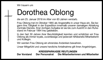 Anzeige von Dorothea Oblong von Reutlinger General-Anzeiger