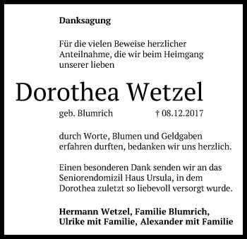 Anzeige von Dorothea Wetzel von Reutlinger General-Anzeiger