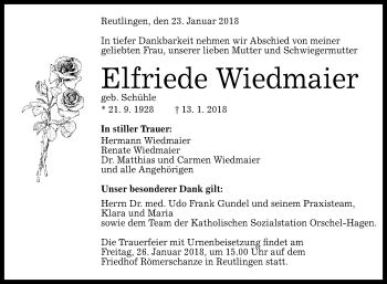 Anzeige von Elfriede Wiedmaier von Reutlinger General-Anzeiger