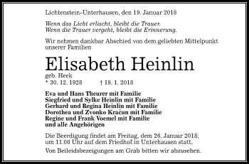 Anzeige von Elisabeth Heinlin von Reutlinger General-Anzeiger