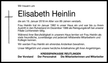 Anzeige von Elisabeth Heinlin von Reutlinger General-Anzeiger