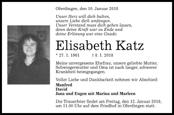 Anzeige von Elisabeth Katz von Reutlinger General-Anzeiger