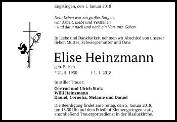 Anzeige von Elise Heinzmann von Reutlinger General-Anzeiger