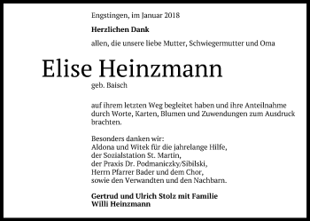 Anzeige von Elise Heinzmann von Reutlinger General-Anzeiger