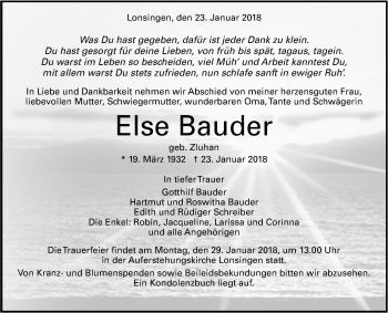 Anzeige von Else Bauder von Reutlinger General-Anzeiger