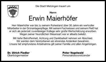 Anzeige von Erwin Maierhöfer von Reutlinger General-Anzeiger