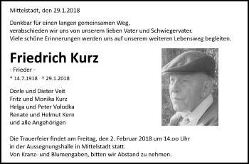 Anzeige von Friedrich Kurz von Reutlinger General-Anzeiger