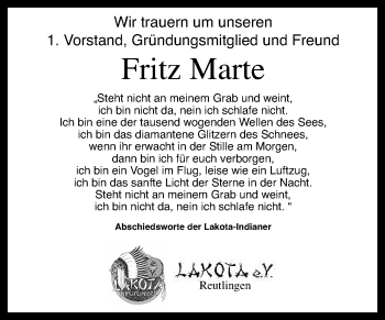 Anzeige von Fritz Marte von Reutlinger General-Anzeiger