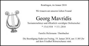 Anzeige von Georg Mavridis von Reutlinger General-Anzeiger