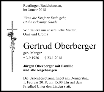 Anzeige von Gertrud Oberberger von Reutlinger General-Anzeiger