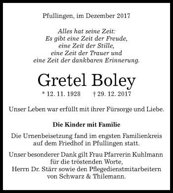 Anzeige von Gretel Boley von Reutlinger General-Anzeiger