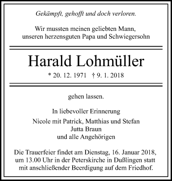 Anzeige von Harald Lohmüller von Reutlinger General-Anzeiger