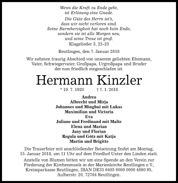 Anzeige von Hermann Kinzler von Reutlinger General-Anzeiger