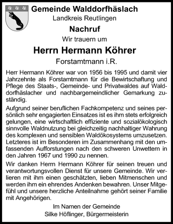 Anzeige von Hermann Köhrer von Reutlinger General-Anzeiger