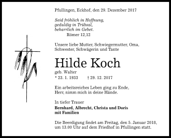 Anzeige von Hilde Koch von Reutlinger General-Anzeiger