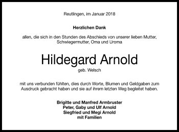 Anzeige von Hildegard Arnold von Reutlinger General-Anzeiger