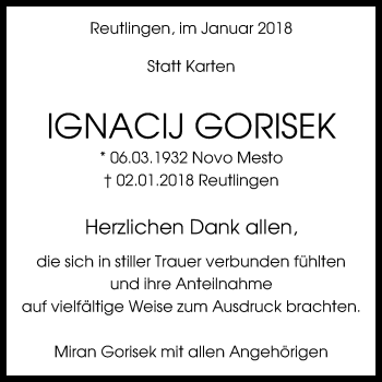 Anzeige von Ignacij Gorisek von Reutlinger General-Anzeiger