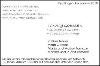 Anzeige von Ignacij Gorisek von Reutlinger General-Anzeiger