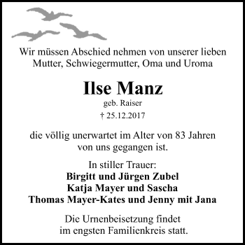 Anzeige von Ilse Manz von Reutlinger General-Anzeiger