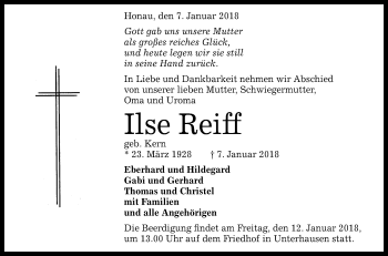 Anzeige von Ilse Reiff von Reutlinger General-Anzeiger