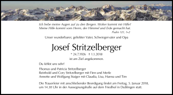 Anzeige von Josef Stritzelberger von Reutlinger General-Anzeiger