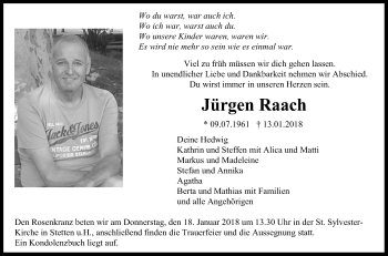 Anzeige von Jürgen Raach von Reutlinger General-Anzeiger