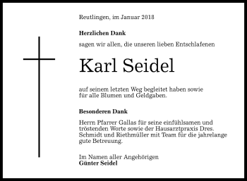 Anzeige von Karl Seidel von Reutlinger General-Anzeiger