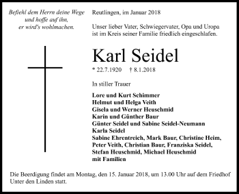 Anzeige von Karl Seidel von Reutlinger General-Anzeiger