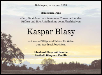 Anzeige von Kaspar Blasy von Reutlinger General-Anzeiger