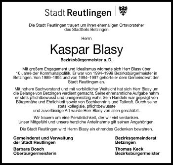 Anzeige von Kaspar Blasy von Reutlinger General-Anzeiger