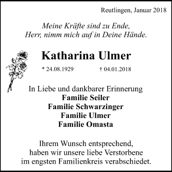 Anzeige von Katharina Ulmer von Reutlinger General-Anzeiger