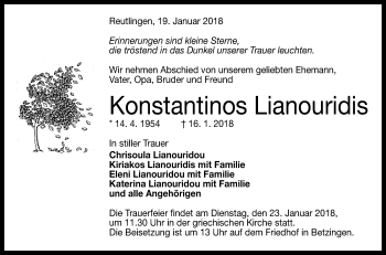 Anzeige von Konstantinos Lianouridis von Reutlinger General-Anzeiger