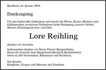 Anzeige von Lore Reihling von Reutlinger General-Anzeiger