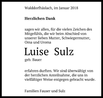 Anzeige von Luise Sulz von Reutlinger General-Anzeiger