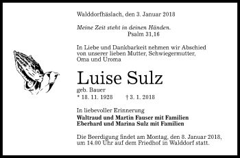 Anzeige von Luise Sulz von Reutlinger General-Anzeiger