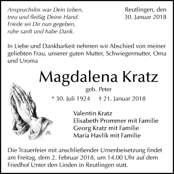 Anzeige von Magdalena Kratz von Reutlinger General-Anzeiger
