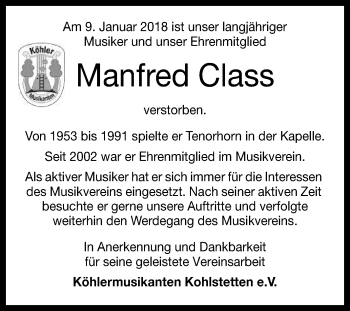 Anzeige von Manfred Class von Reutlinger General-Anzeiger