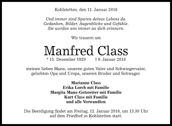 Anzeige von Manfred Class von Reutlinger General-Anzeiger