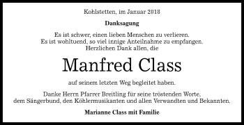 Anzeige von Manfred Class von Reutlinger General-Anzeiger