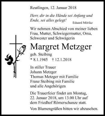 Anzeige von Margret Metzger von Reutlinger General-Anzeiger