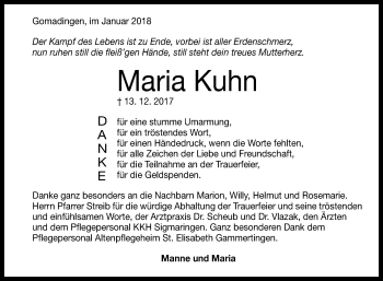 Anzeige von Maria Kuhn von Reutlinger General-Anzeiger