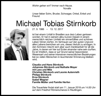 Anzeige von Michael Tobias Stirnkorb von Reutlinger General-Anzeiger
