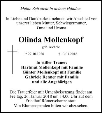 Anzeige von Olinda Mollenkopf von Reutlinger General-Anzeiger