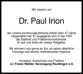 Anzeige von Paul Irion von Reutlinger General-Anzeiger
