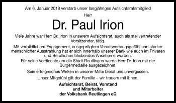 Anzeige von Paul Irion von Reutlinger General-Anzeiger