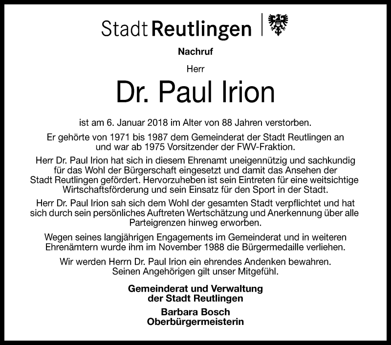  Traueranzeige für Paul Irion vom 10.01.2018 aus Reutlinger General-Anzeiger